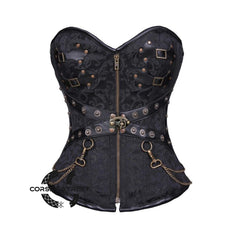 Black Brocade Faux Leather Antique Zipper Steampunk Overbust Corset
