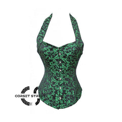 Green Brocade Halter Neck Steampunk Overbust Corset