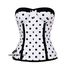 White Satin Black Polka Dot Gothic Overbust Bustier Corset