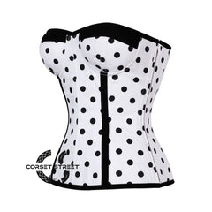 White Satin Black Polka Dot Gothic Overbust Bustier Corset