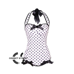 White Satin Black Polka Dot Halter Neck Long Overbust Bustier Corset