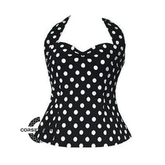 Black Satin White Polka Dot Halter Neck Overbust Bustier Corset