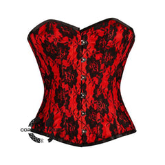 Red Satin Black Net Overlay Overbust Gothic Corset