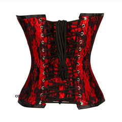 Red Satin Black Net Overlay Overbust Gothic Corset