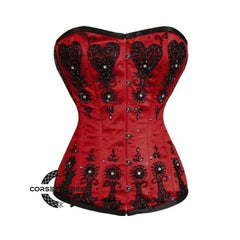 Red Satin Black Sequins Burlesque Overbust Gothic Corset