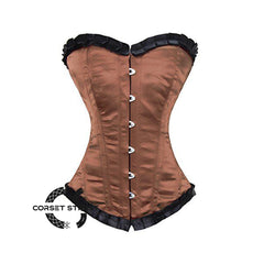 Brown Satin Longline Black Frill Overbust Bustier Corset