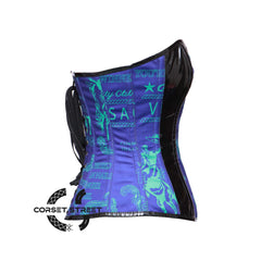 Digital Printed Blue and Black Corset PVC Leather Gothic Halloween Costume Overbust Bustier Top