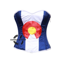 Blue And White Satin Colorado Flag Corset Overbust Gothic Costume Bustier Top