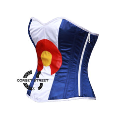 Blue And White Satin Colorado Flag Corset Overbust Gothic Costume Bustier Top