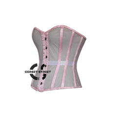 Women’s Nude Mesh With Baby Pink Satin Gothic Overbust Corset Top