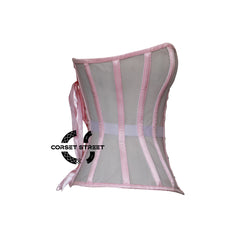 Women’s Nude Mesh With Baby Pink Satin Gothic Overbust Corset Top