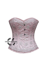 Light Pink Satin White Sequins Burlesque Costume Overbust Corset Top