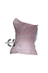 Light Pink Satin White Sequins Burlesque Costume Overbust Corset Top