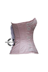 Light Pink Satin White Sequins Burlesque Costume Overbust Corset Top