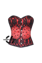 Red Satin Black Sequins Handmade Work Burlesque Overbust Corset Top