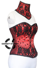 Red Satin Black Sequins With Neck Collar Handmade Work Burlesque Overbust Corset Top