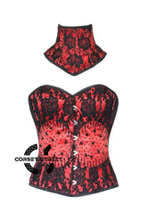 Red Satin Black Sequins With Neck Collar Handmade Work Burlesque Overbust Corset Top