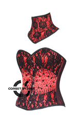 Red Satin Black Sequins With Neck Collar Handmade Work Burlesque Overbust Corset Top
