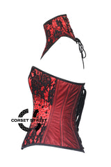 Red Satin Black Sequins With Neck Collar Handmade Work Burlesque Overbust Corset Top