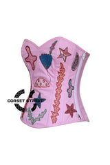 Light Pink Cotton Starfish Sequins Work Burlesque Halloween Costume Overbust Corset Top