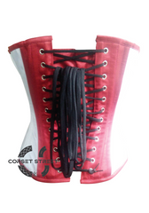 Red White Satin Black Leather Belts Gothic Steampunk Bustier Waist Training Overbust Corset Costume