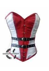 Red White Satin Black Leather Belts Gothic Steampunk Bustier Waist Training Overbust Corset Costume