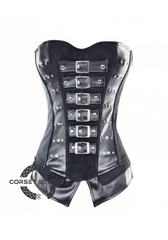 Black Satin & Faux Leather Gothic Steampunk Bustier Waist Training Burlesque Overbust Plus Size Corset Costume