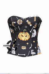 Women’s Pumpkin Printed Black Cotton Halloween Overbust Corset Gothic Costume
