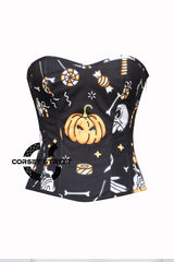 Women’s Pumpkin Printed Black Cotton Halloween Overbust Plus Size Corset