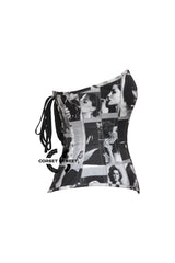 Smoking Girl Print Black Cotton Gothic Overbust Corset Bustier Retro Top