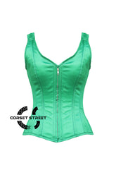 Green Satin Shoulder Strap Gothic Zipper Overbust Corset Plus Size Bustier Top