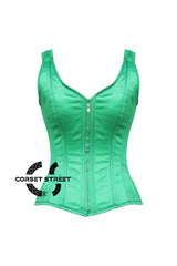 Green Satin Shoulder Strap Gothic Zipper Overbust Corset Plus Size Bustier Top