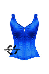 Blue Satin Shoulder Strap Gothic Zipper Overbust Corset Plus Size Bustier Top