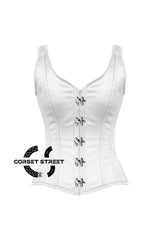 Women’s White Satin Shoulder Strap Gothic With Clasps Overbust Corset Bustier Top