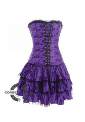 Purple Satin with Skirt Gothic Burlesque Bustier Waist Training Costume Overbust Plus Size Corset Dress