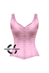 Women’s Light Pink Satin Shoulder Strap Gothic Zipper Overbust Corset Bustier Costume