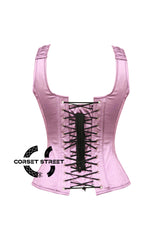 Women’s Light Pink Satin Shoulder Strap Gothic Zipper Overbust Corset Bustier Costume