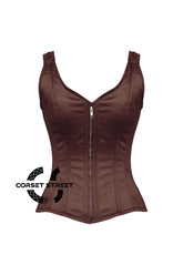 Women’s Brown Satin Shoulder Strap Gothic Zipper Overbust Corset Bustier Costume