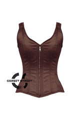 Women’s Brown Satin Shoulder Strap Gothic Zipper Overbust Corset Bustier Costume
