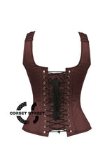 Women’s Brown Satin Shoulder Strap Gothic Zipper Overbust Corset Bustier Costume