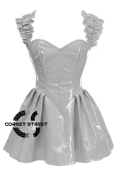 Women’s Grey PVC Leather Shoulder Strap Overbust Corset Gothic Costume