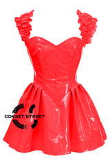 Women’s Red PVC Leather Shoulder Strap Overbust Corset Gothic Costume
