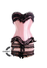 Pink Satin Black Frill Gothic Burlesque Moulin Rouge Waist Training Bustier Costume Overbust Corset Dress