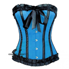 Blue Satin Gothic Retro Burlesque Bustier Waist Training Overbust Corset Costume