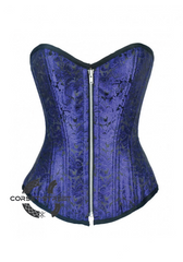 Blue Brocade Double Bone Gothic Burlesque Bustier Waist Training Overbust Corset Costume