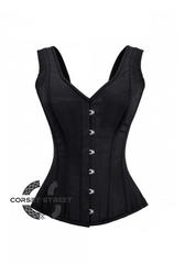 Black Satin Shoulder Strap Gothic Burlesque Bustier Waist Training Overbust Corset Costume