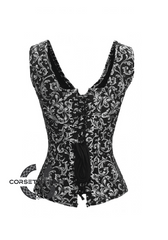 Black Silver Brocade Shoulder Strap Gothic Burlesque Bustier Waist Training Overbust Corset Costume