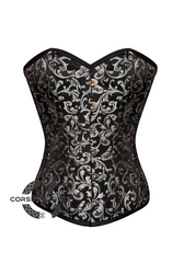 Black Silver Brocade Gothic Burlesque Bustier Waist Training Overbust Plus Size Corset Costume
