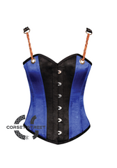 Blue Black Satin Leather Shoulder Straps Gothic Steampunk Waist Training Bustier Overbust Corset Costume