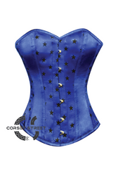 Blue Satin Stars Print Gothic Burlesque Waist Training Bustier Overbust Plus Size Corset Costume